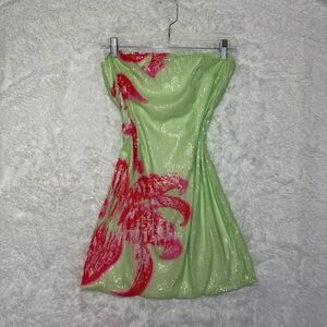 Y2K Fairy Lime Green Sequin Strapless Mini Summer Dress Hot Pink Floral Fitted